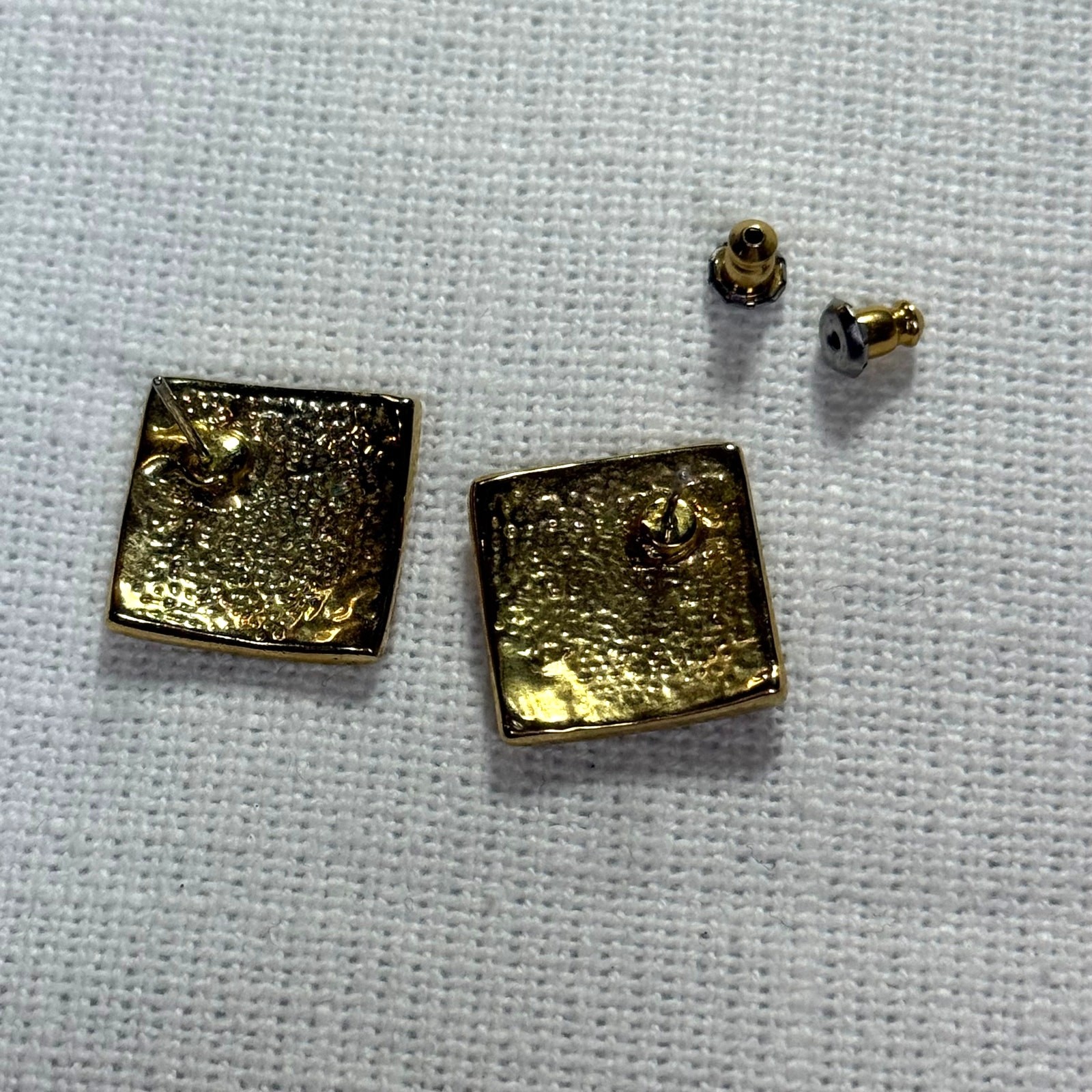 Vintage Red Enamel Square Earrings | Gold Tone Studs | No Maker Mark