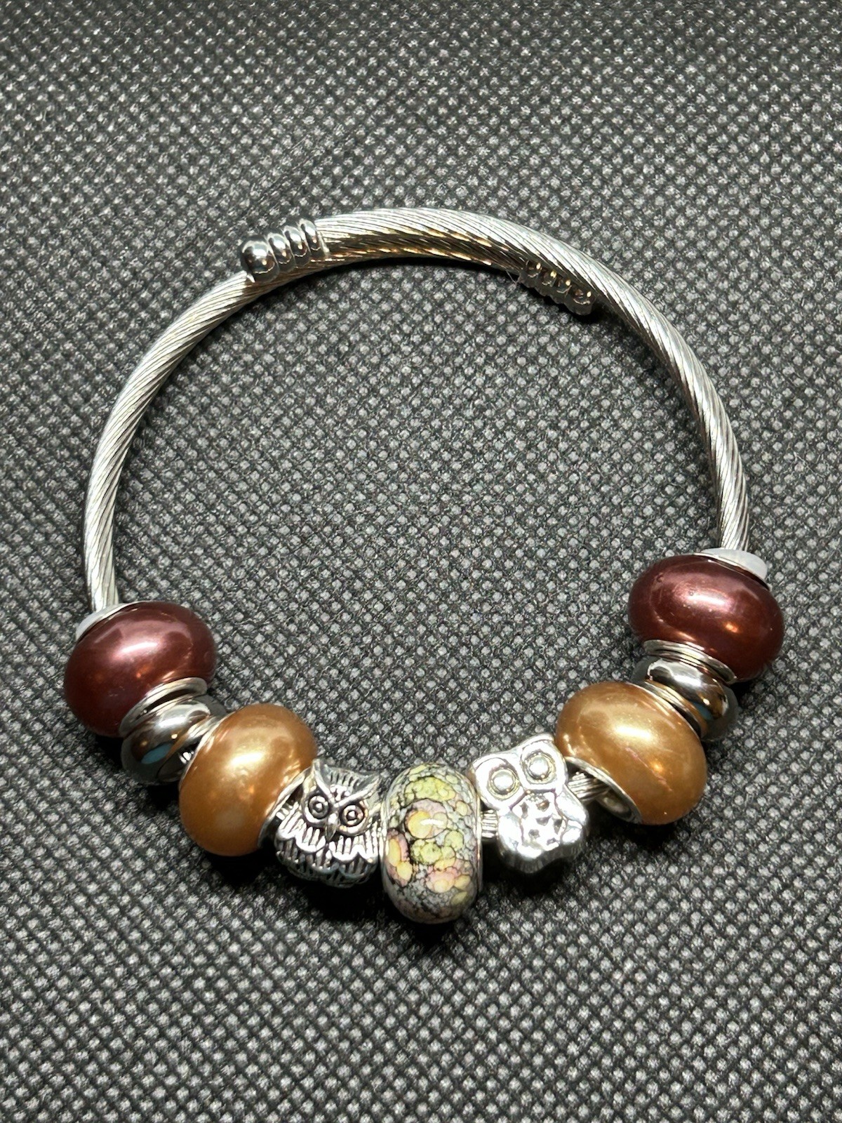 Brown & Beige Owl Beaded Cuff Adjustable Bracelet