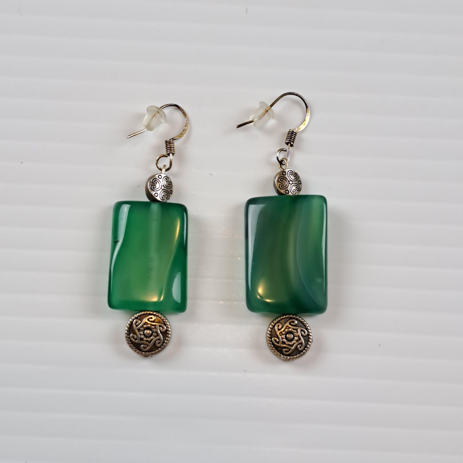 Green Stone Rectangle Dangle Drop Earrings Womens French Wire Boho Silver Tone