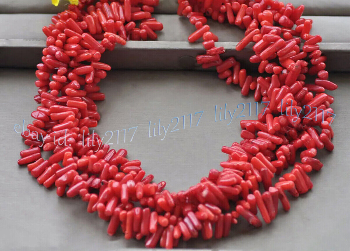 5 Rows Natural Red Coral Chip Irregular Freeform Tree Branch Gems Necklace 18”