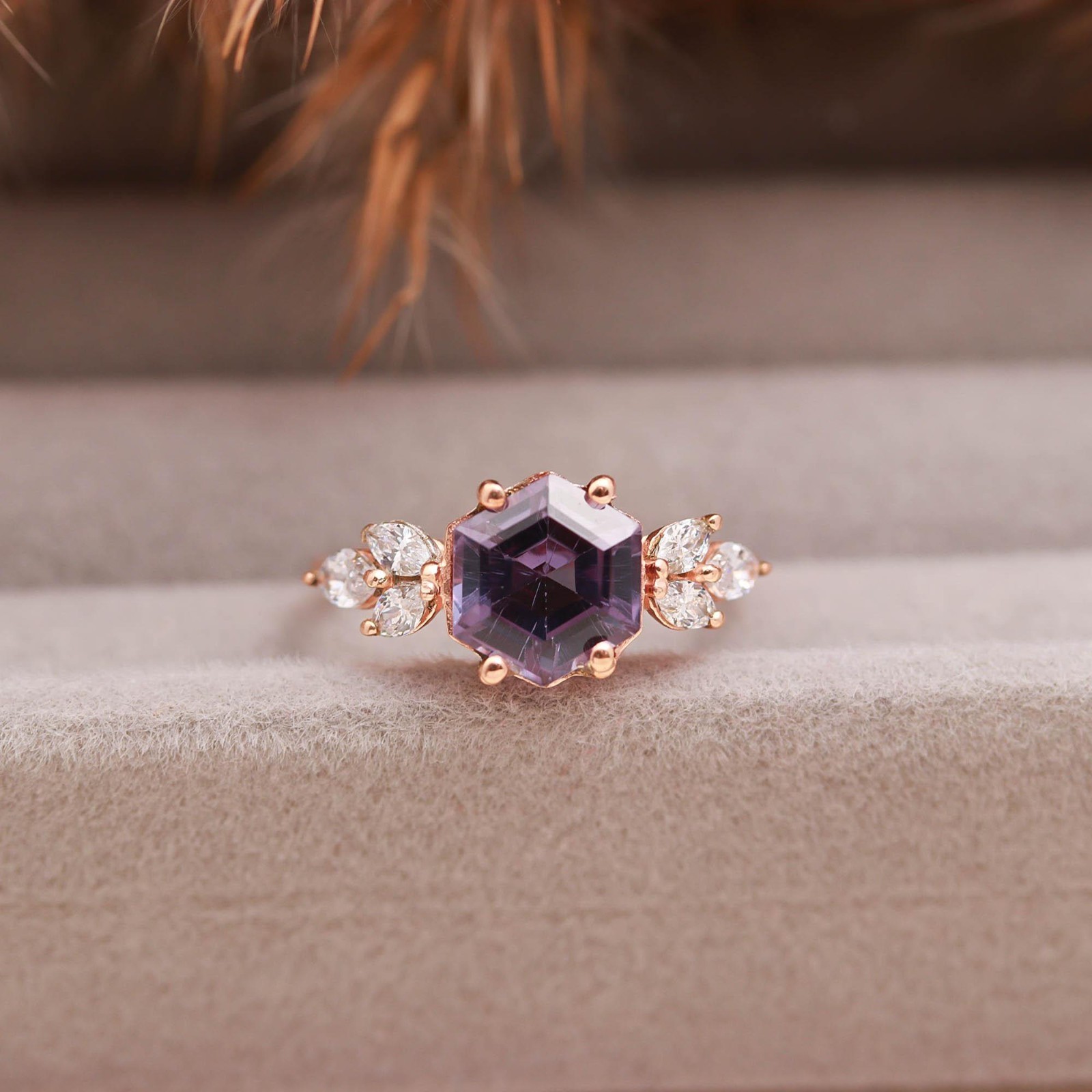 Color Changing Alexandrite Hexagon Ring Rose Gold Plated Solid Silver Jewelry