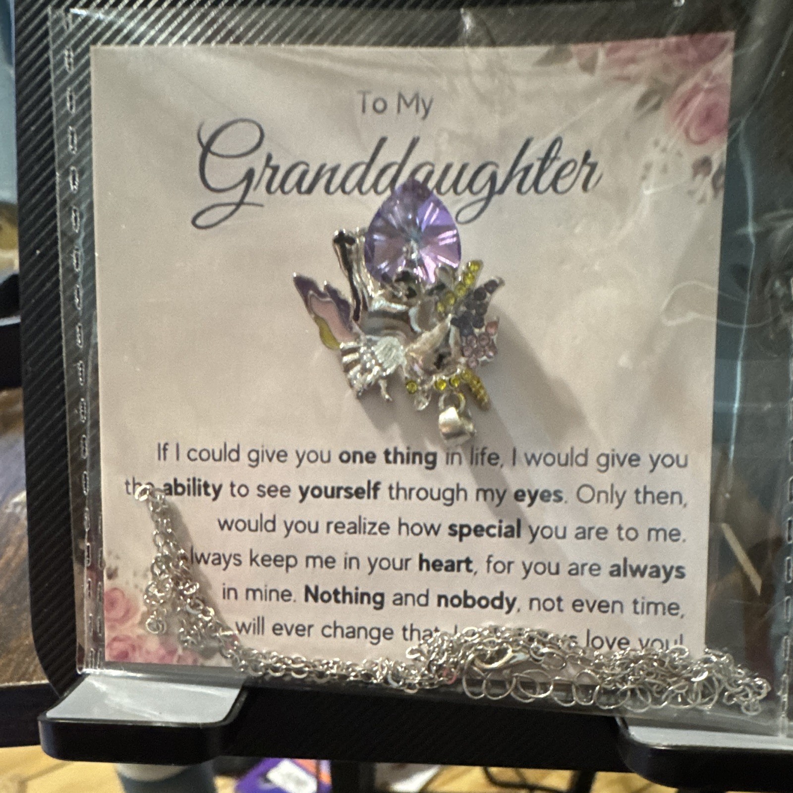Silver Tone Cable Chain Necklace Heart Charm Purple Crystal, Granddaughter
