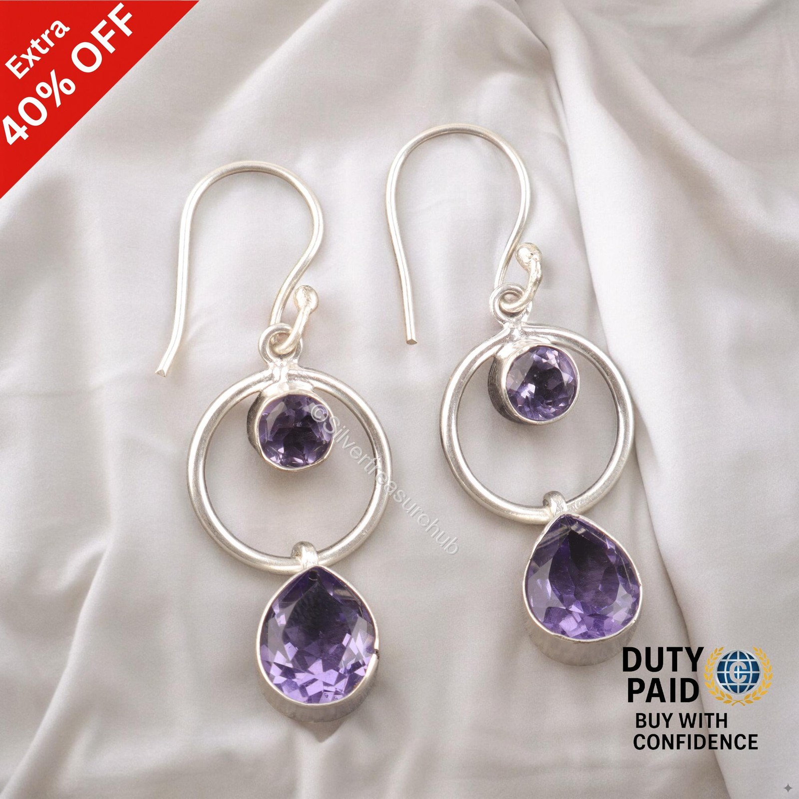 925 Silver Pear Iolite Gemstone Wife Drop Engagement Art Deco Handmade Earrings