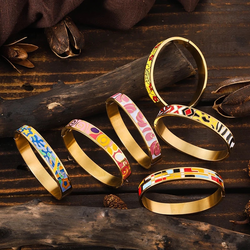 Stainless Steel Enamel Cuff Bangle Women Gold Tone Geometric Round Jewelry