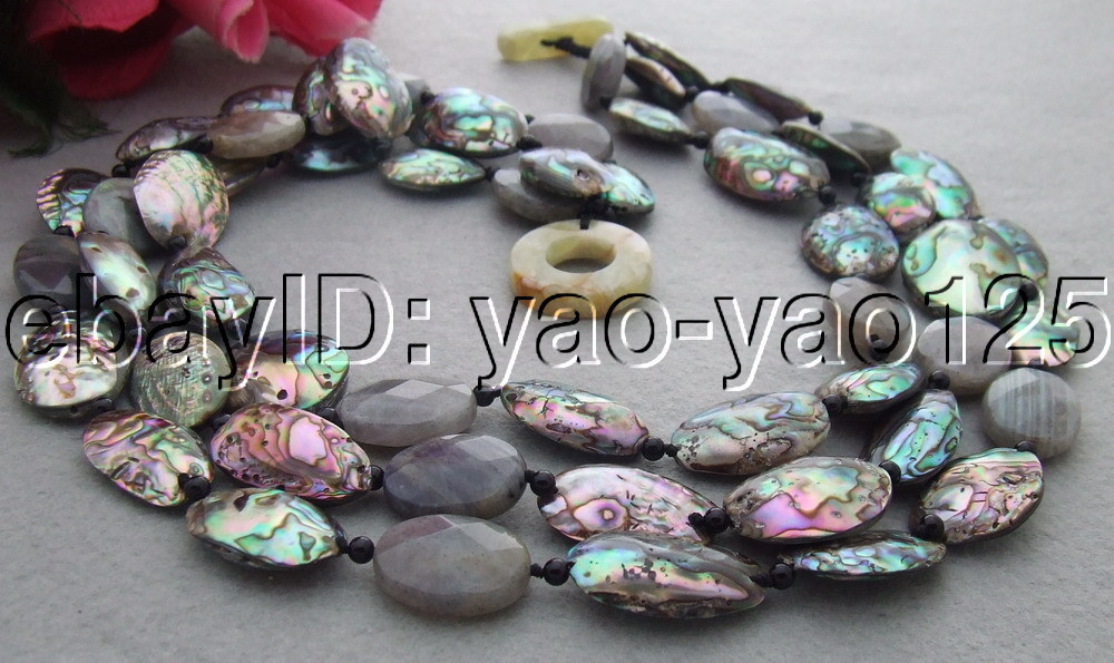 3Strands Natural Paua Abalone Shell&Labradorite&Onyx Necklace