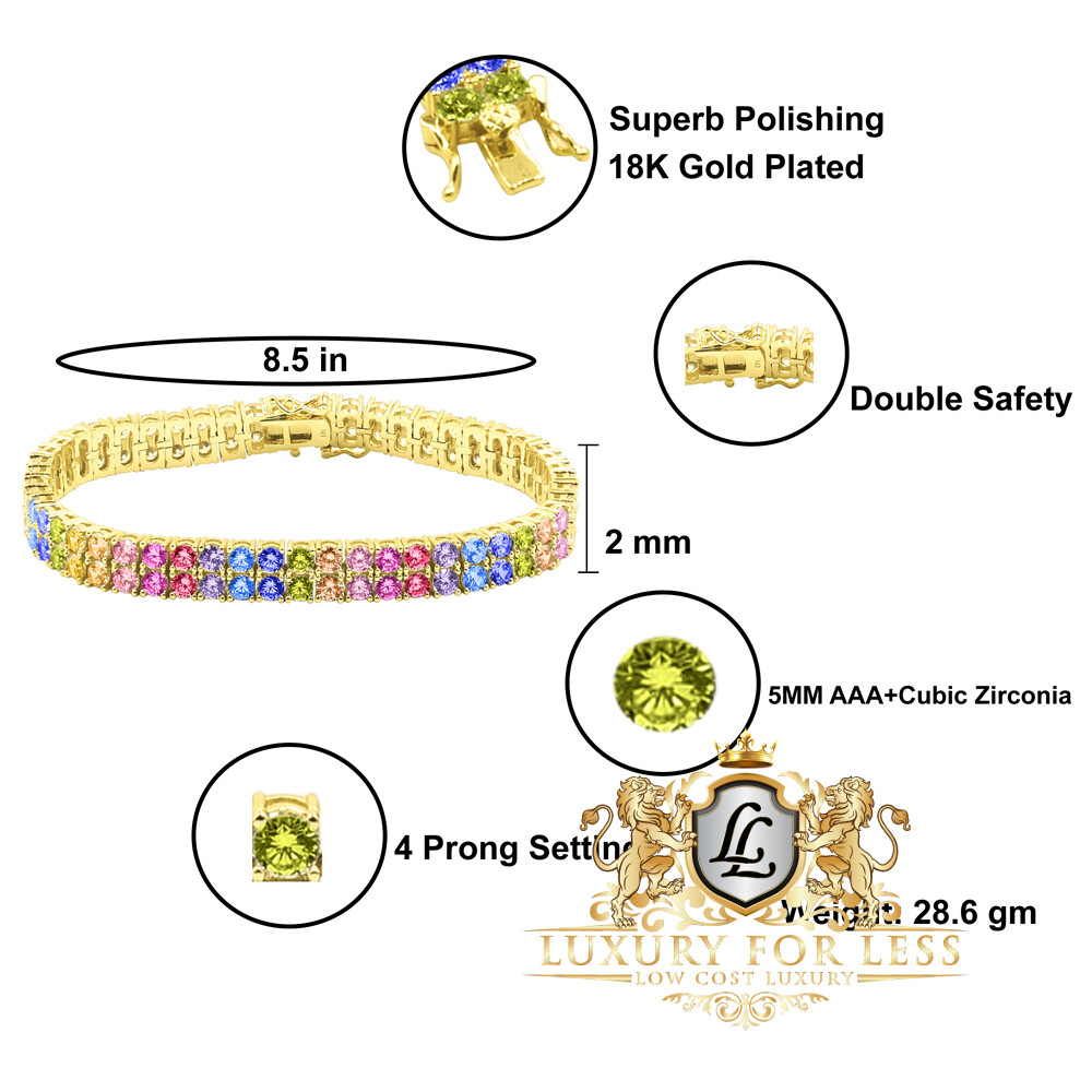 Rainbow Multi High Quality AAA+ Grade Simulated Diamond Gold Tone 2 Row Bracelet
