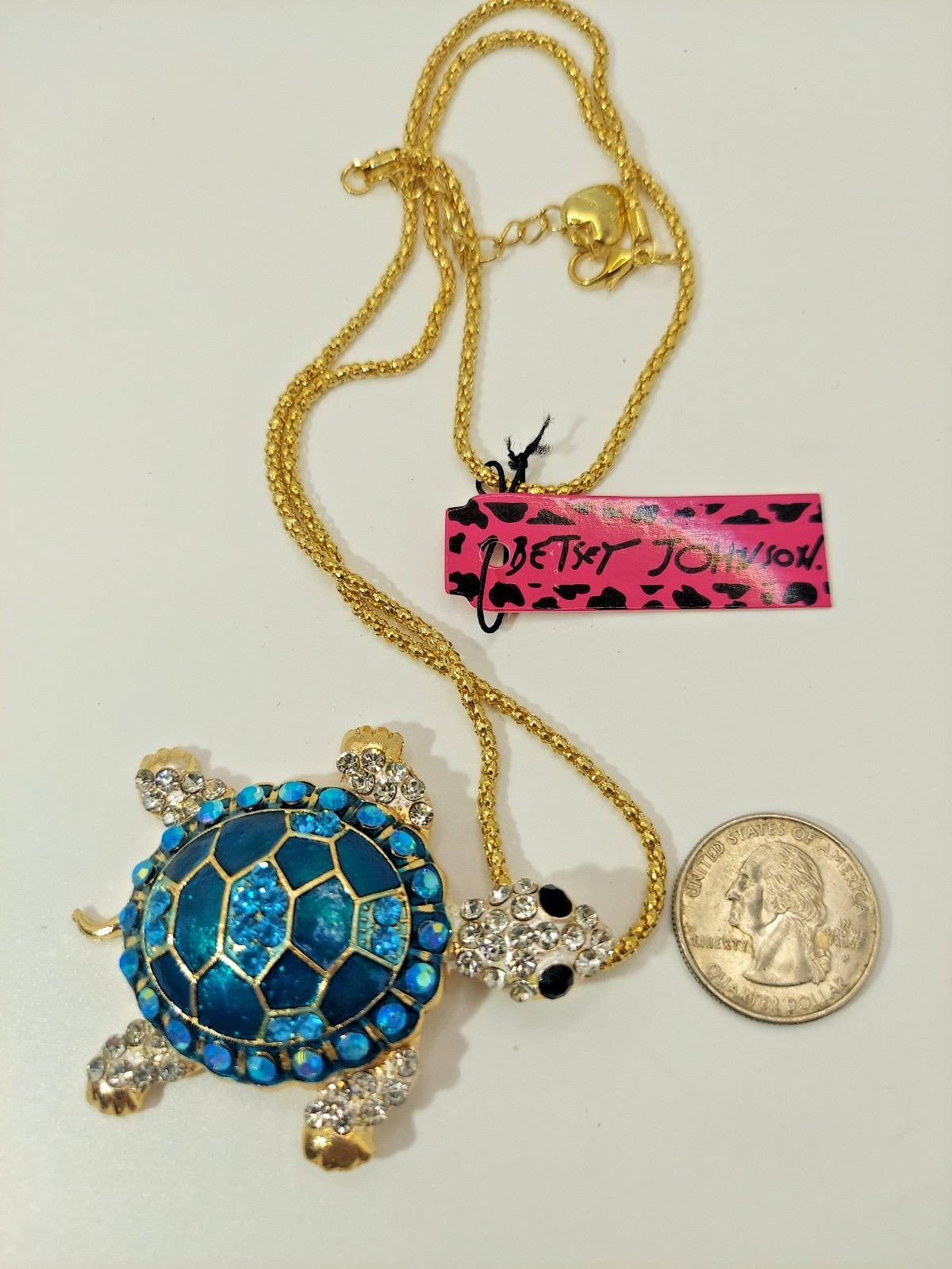 Brilliant 3D Jewel TURTLE Blue Rhinestone Betsey Johnson Tortoise Necklace-Gift