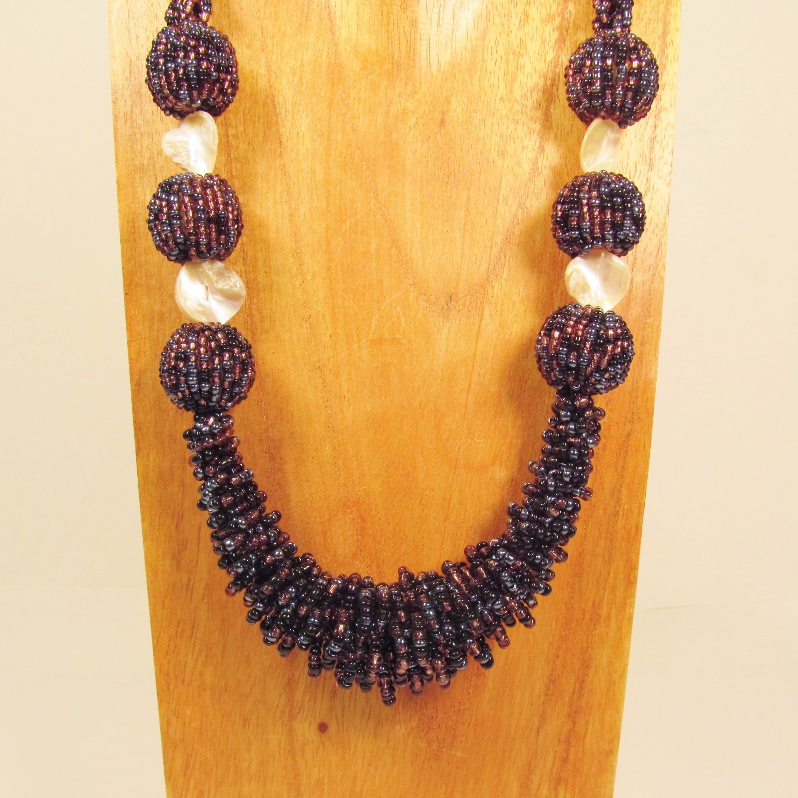 28″ Handmade Black Purple Color Shell Chip Seed Bead Boho Necklace