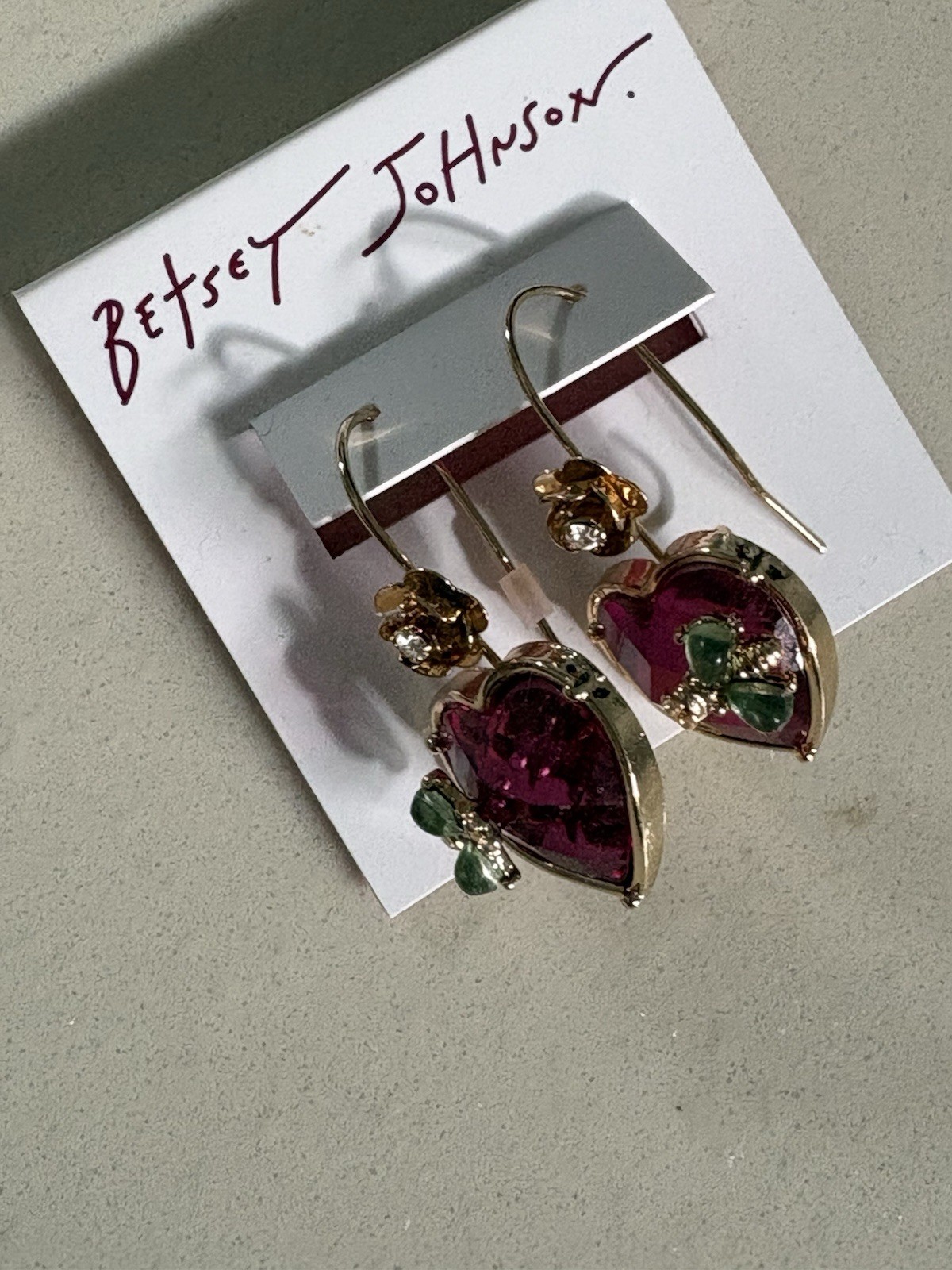 Betsey Johnson Gold Tone Pink Heart /flower /bee Drop Earrings Crystal NWT
