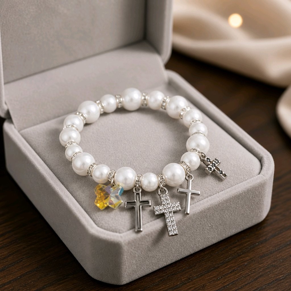 Religious Cross Charm Faux Pearl Stretch Bracelet Crystal Star Gold Silver NEW