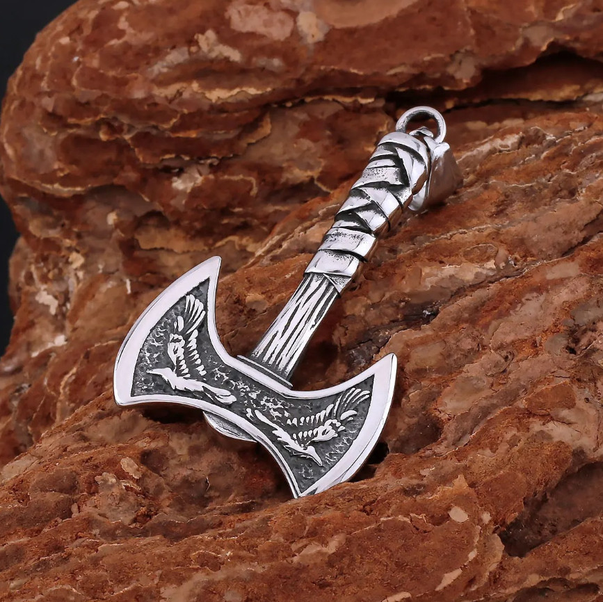 1pc Stainless Steel Viking Axe Necklace Odin Raven Rune Pendant Steel Gift – NEW