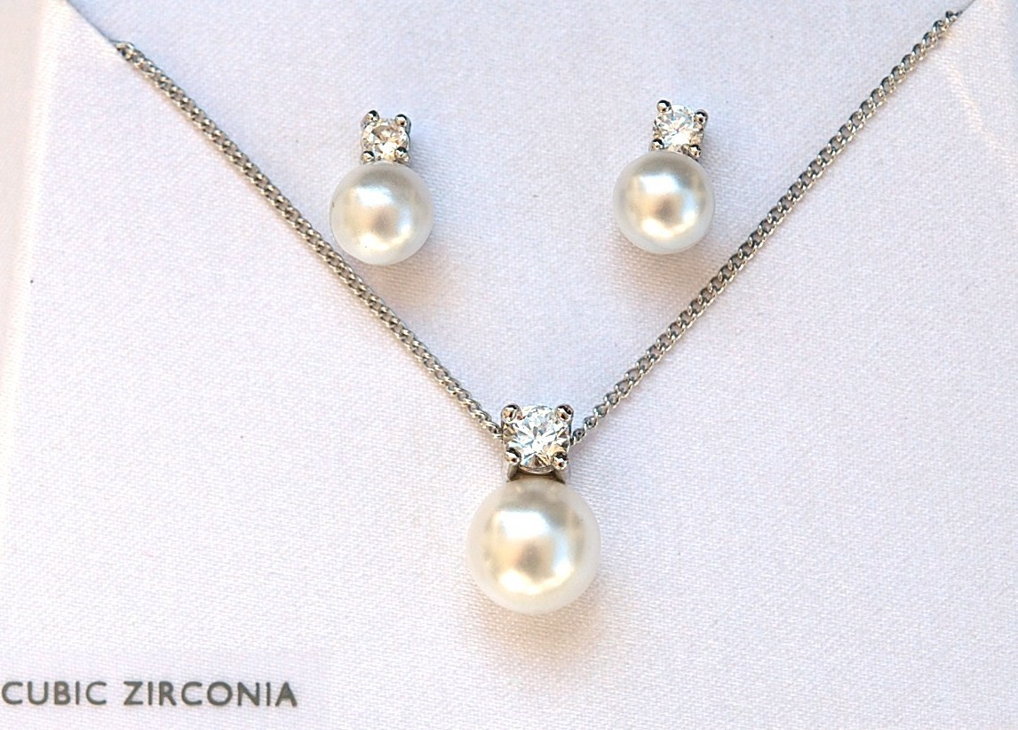New Wholesale Lot 100 Sets Silver Cubic Zirconia Pearl Pendant Earring CZ