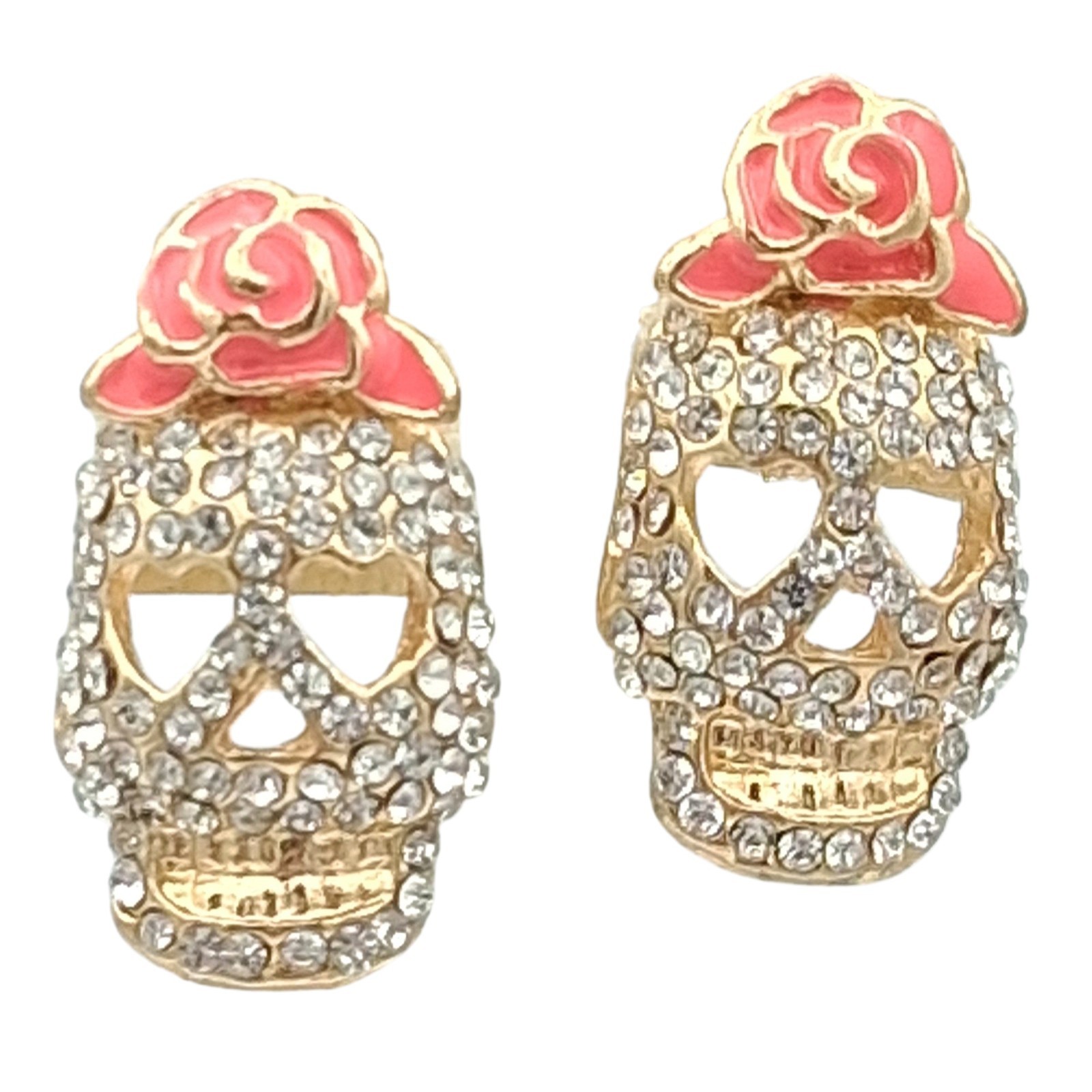 Sugar Skull Pave Rhinestone Stud Earrings Day of the Dead Pink Rose Gold Tone