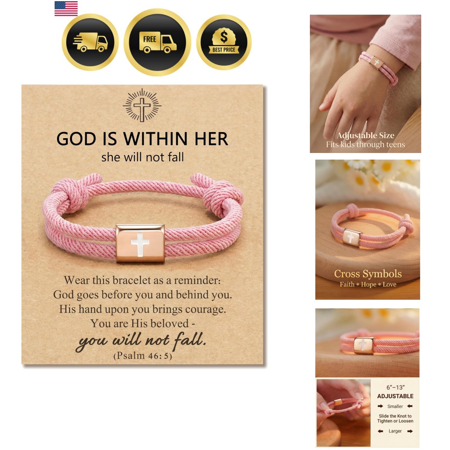 Cross Bracelet for Girls, Adjustable Bracelet Baptism Confirmation First Comm…