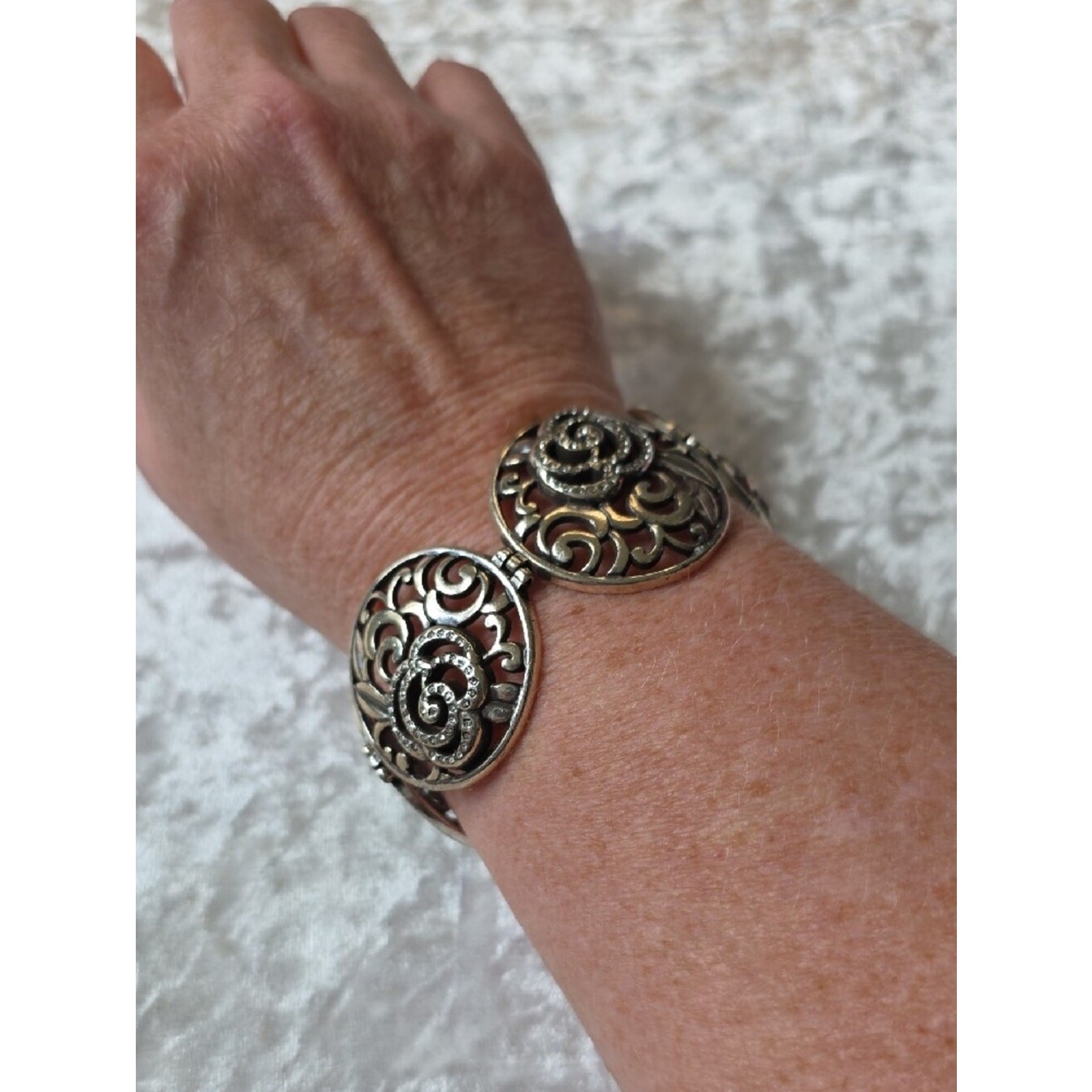 Brighton Retired Deco Rose Flower Silver Crystal Bracelet