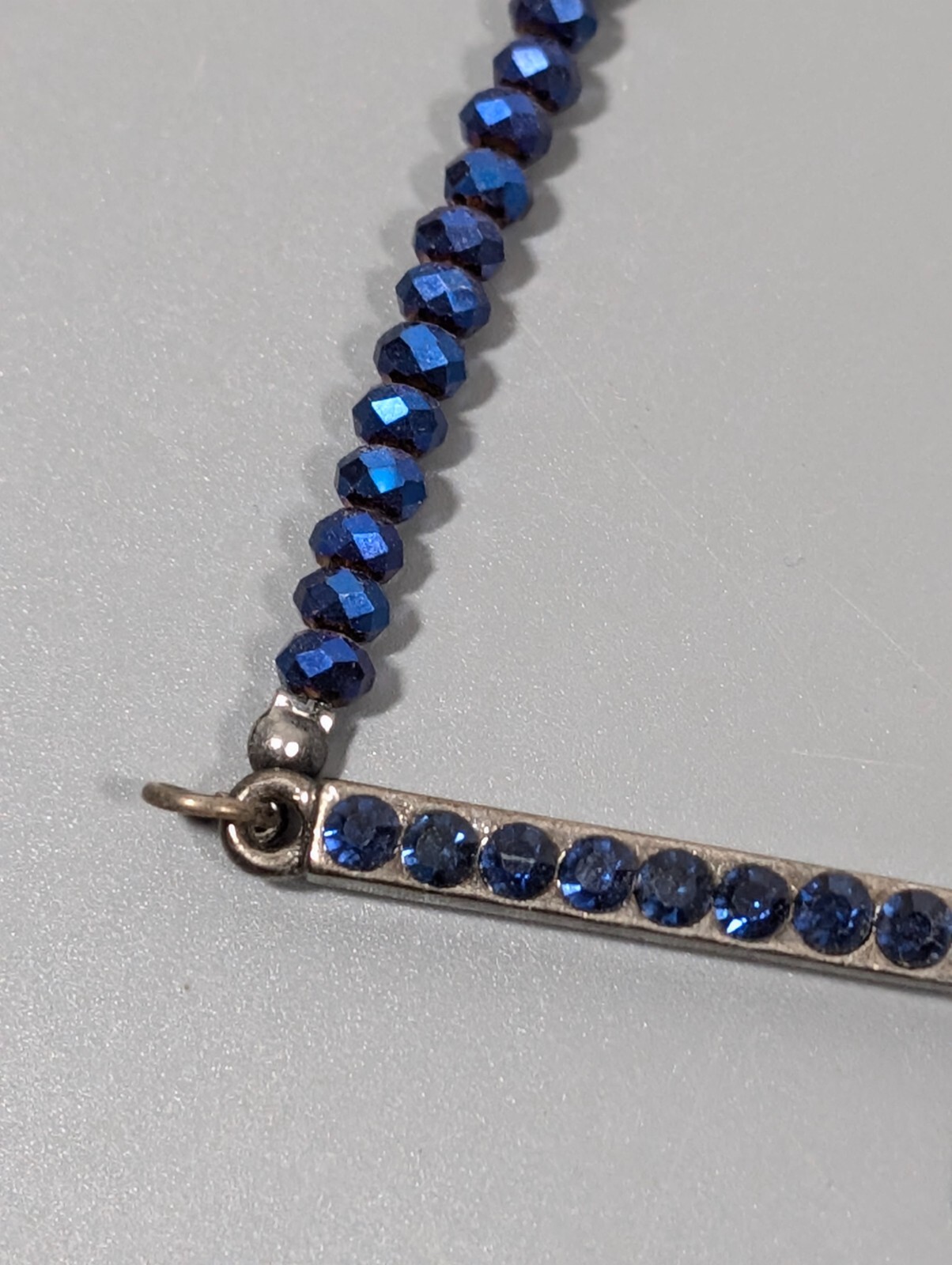 Gray Metallic Blue Rhinestone Sideways Cross Bead Necklace Gothic 23 in