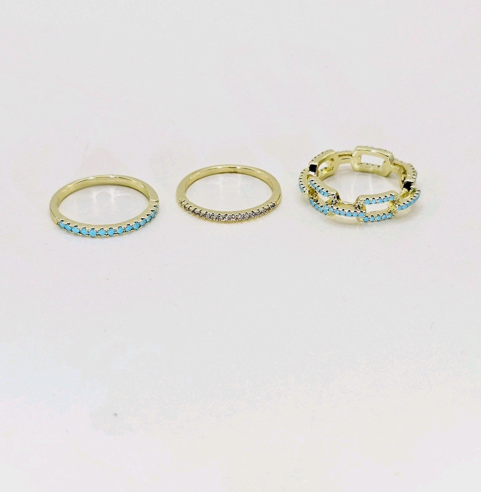 3 Gold-Plated Stacking Rings Size 8 – Turquoise CZ Mariner Link & Half-Eternity