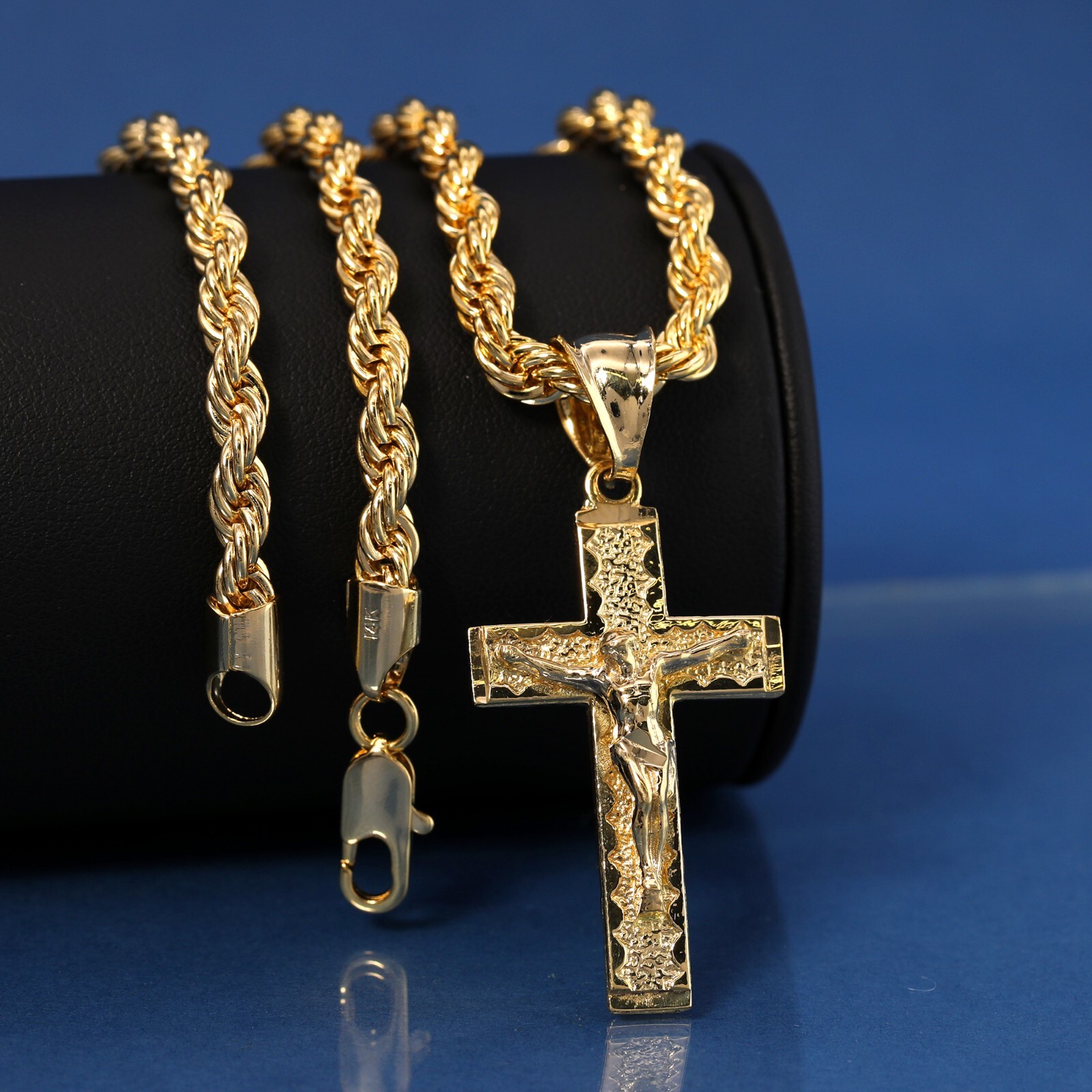 Jesus Cross Pendant Crucifix Nugget Brass 14k Gold Plated 20″ Rope Choker Chain