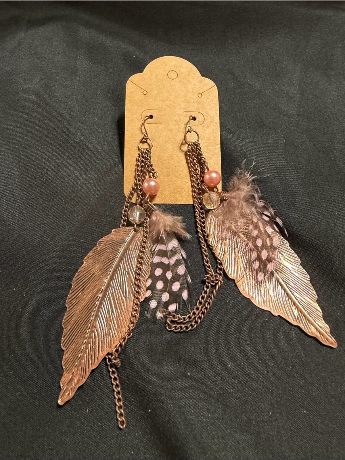 Source Unknown Rose Gold Feather Drop Earrings with Pink Beads