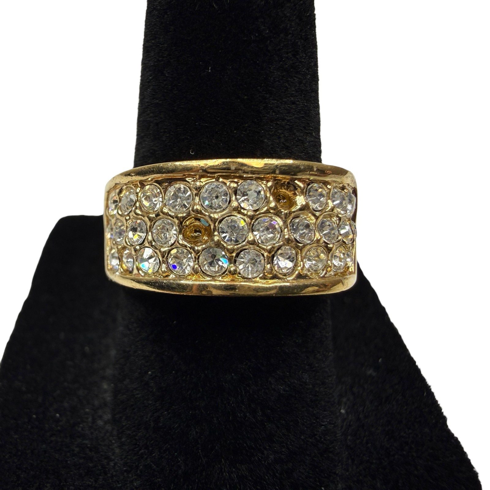 Gold Tone Pave Clear Rhinestone Crystal Wide Band Statement Ring Jewelry Sz 7