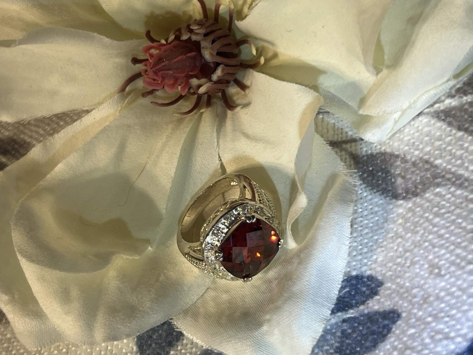 925 Sterling Silver Cocktail Ring Cushion-Cut Red Stone Prong Set Size 8.5