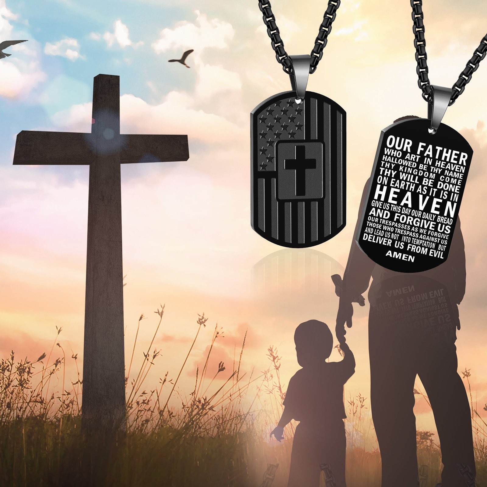 Men Boys American Flag Bible Verse Pendant Dog Tag Cross Inspirational Necklace