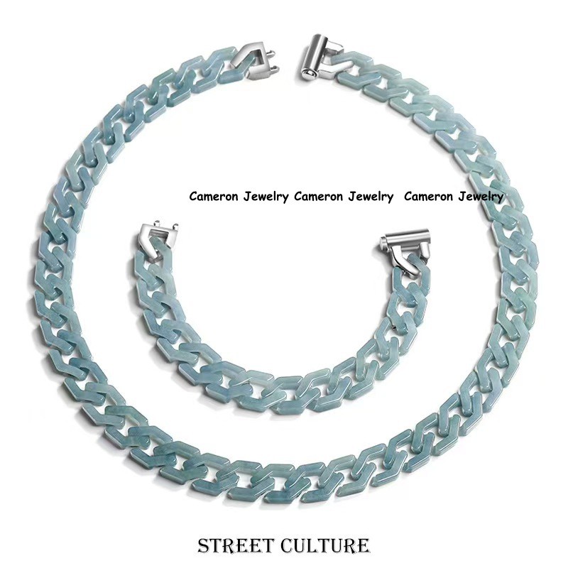 Real Grade A Natural Blue Jade Jadeite Bracelet Curb Link Necklace 5.9-24inch