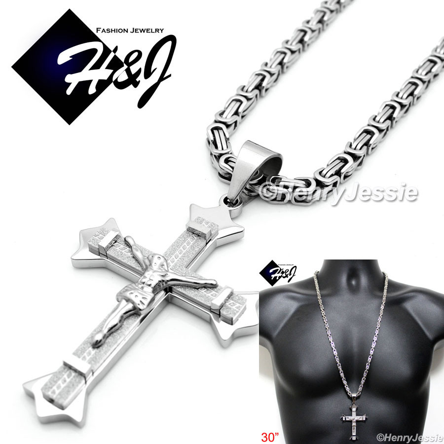 30″MEN Stainless Steel 6mm Silver Byzantine Box Chain Necklace Cross Pendant*J28