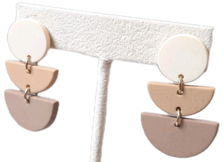 NWOT Handmade Polymer Clay Dangle Geometric Drop Pierced Earrings Nude Earthtone