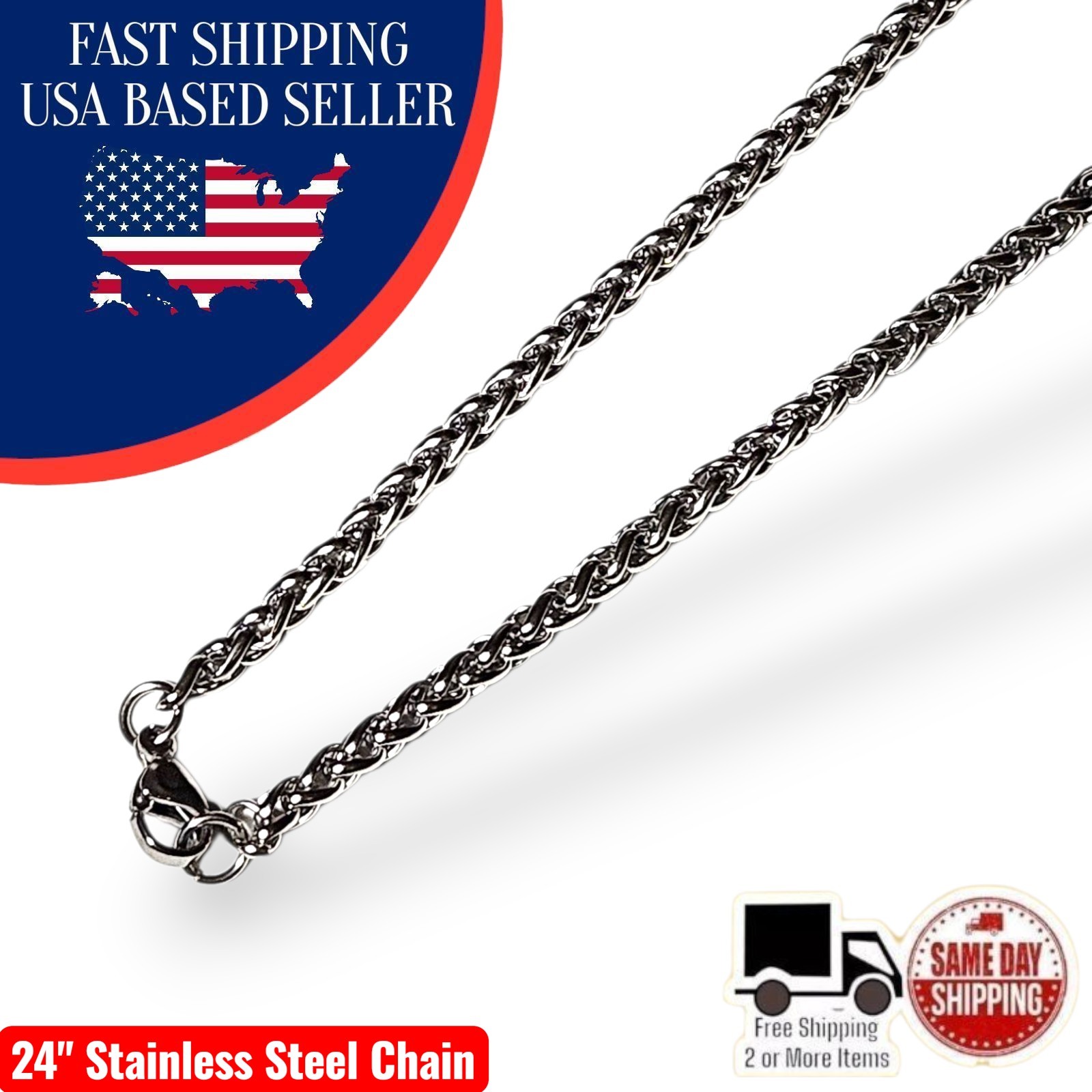 24″ 4mm Franco Wheat Link Chain 316L Stainless Steel Mens Necklace Tarnish Free