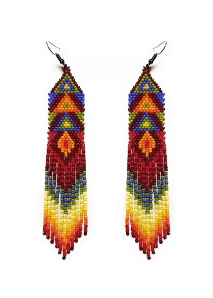 Beautiful Tribal Earrings Native Large Boho American Seed Beads Handmade Earring