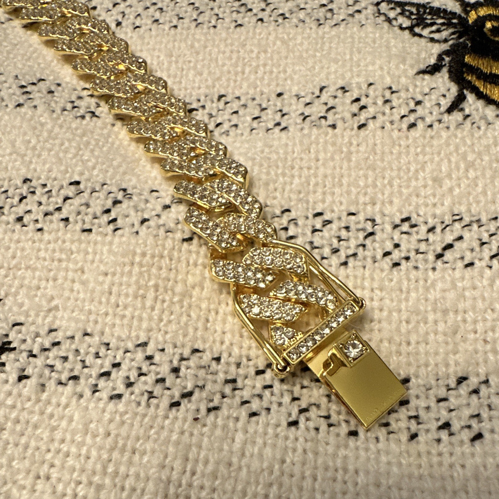 Gold Tone Cuban Link Chain Bracelet with Pavé Setting and Box Clasp Closure