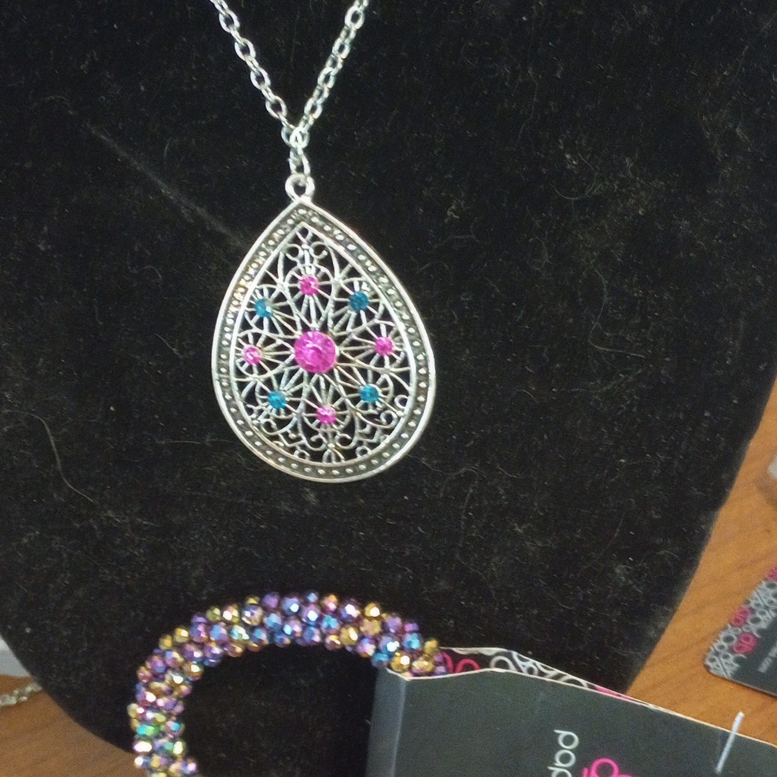 Paparazzi Silver Tone Multicolor Crystal Necklace Earrings Bracelet Jewelry Set