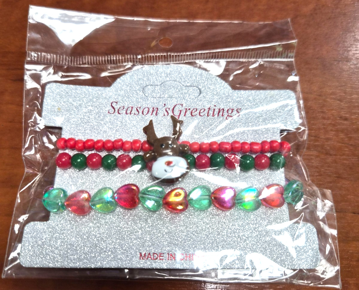 NOS Estate 3 Christmas Holiday Plastic Beaded Rudolph Reindeer 6.5″ Bracelet