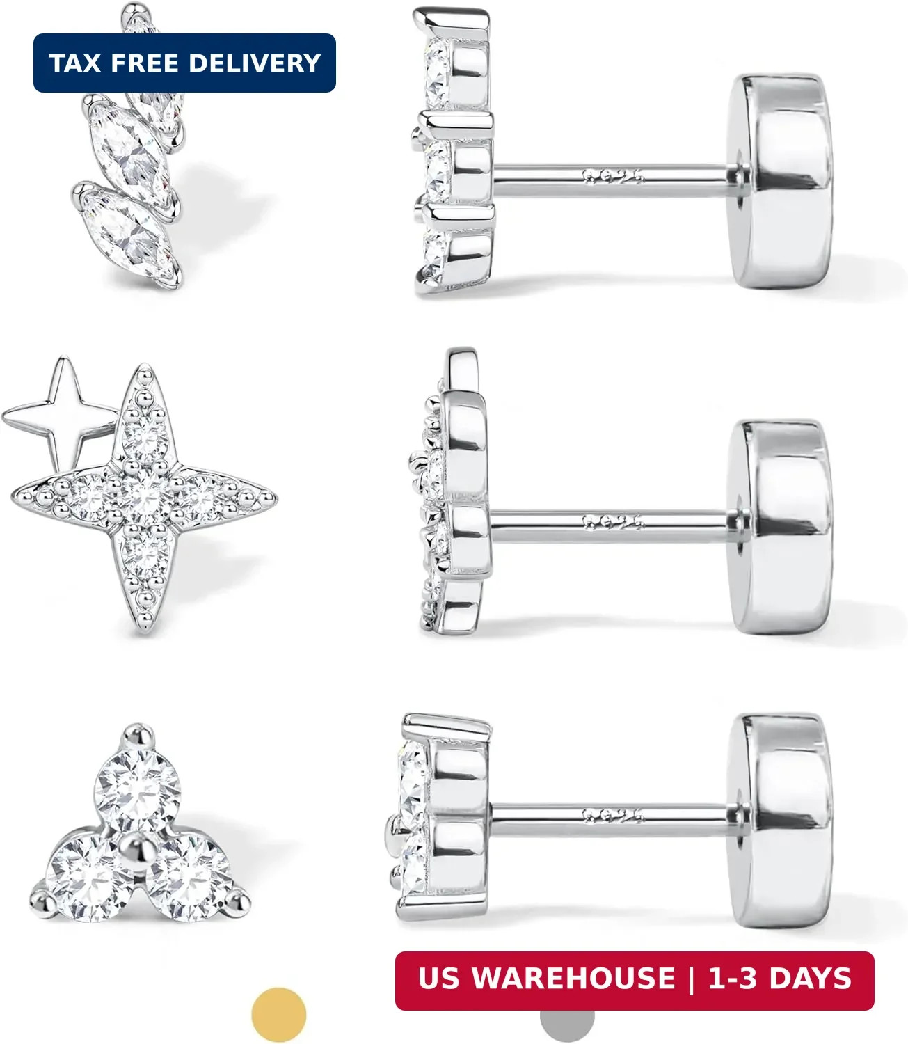 Dochais Flat Back Stud Earrings for Women and Men, Hypoallergenic 14k Gold FAST