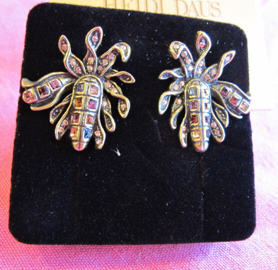 HEIDI DAUS® EARRINGS~REDUCED CLIPS “Candy Corn” PURPLE SWAROVSKI~NEW~NIB~FREE H