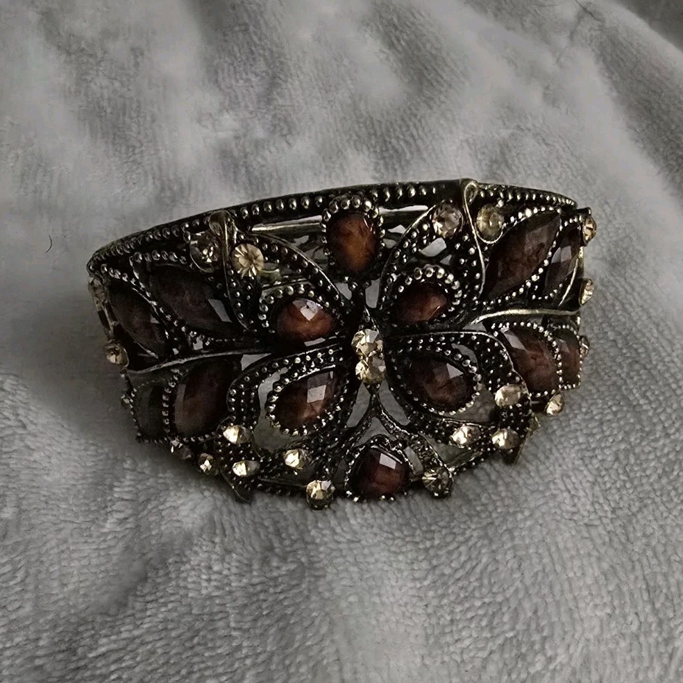 Brown Gold Silver Beaded Floral Cuff Bracelet Marquise Glass Stones