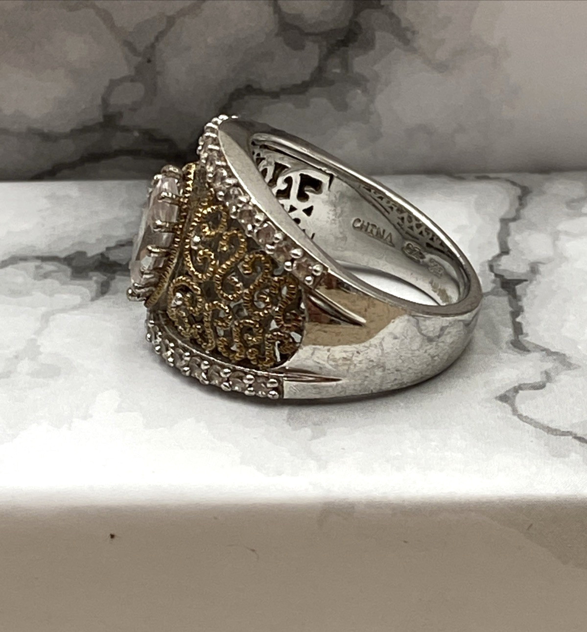 Verragio Womens 2 Tone Sterling 925 Marquise Filigree Cocktail Ring Size 8 /8.5g
