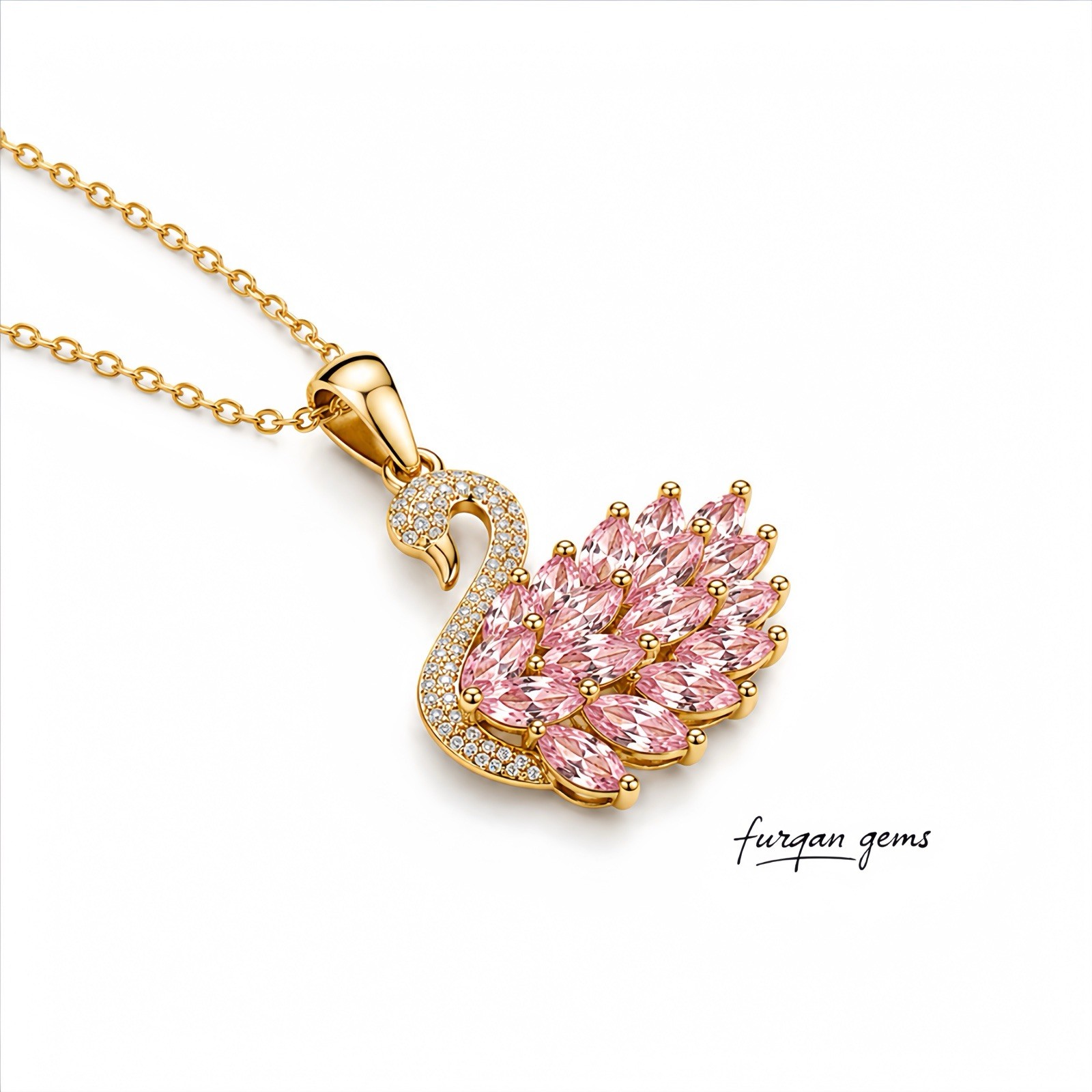 Pink Zircon Swan Pendant Necklace, Sterling Silver Swan Pendant, 18k Gold Plated
