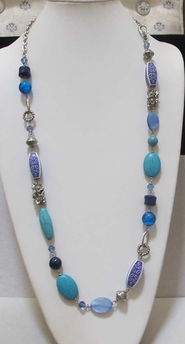 PREMIER DESIGNS “Blue Lagoon” Silver Tone Howlite, Acrylic, Glass 36” Necklace