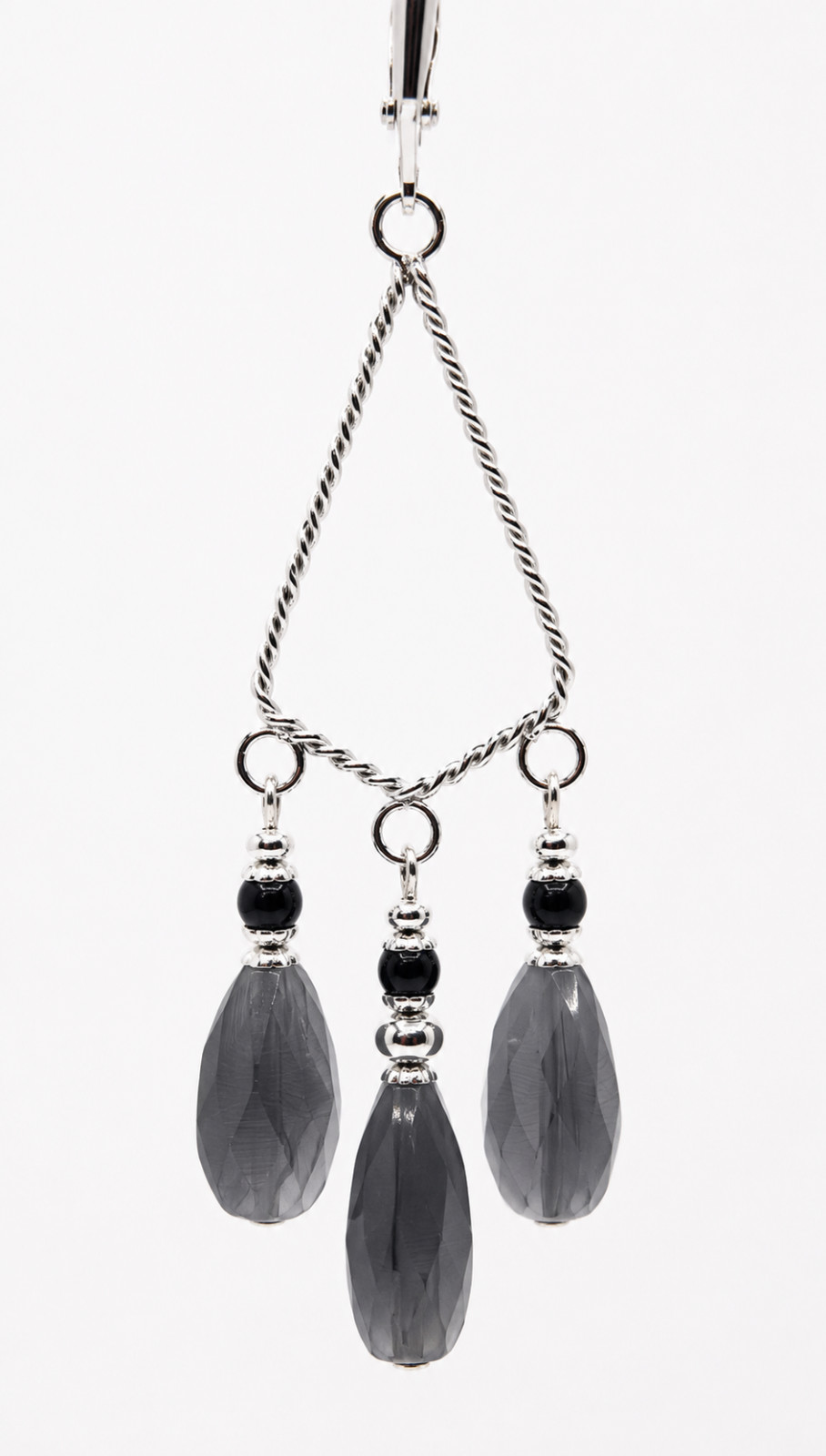 Silver Tone Gray Faceted Bead Chandelier Dangle Earrings Leverback Boho
