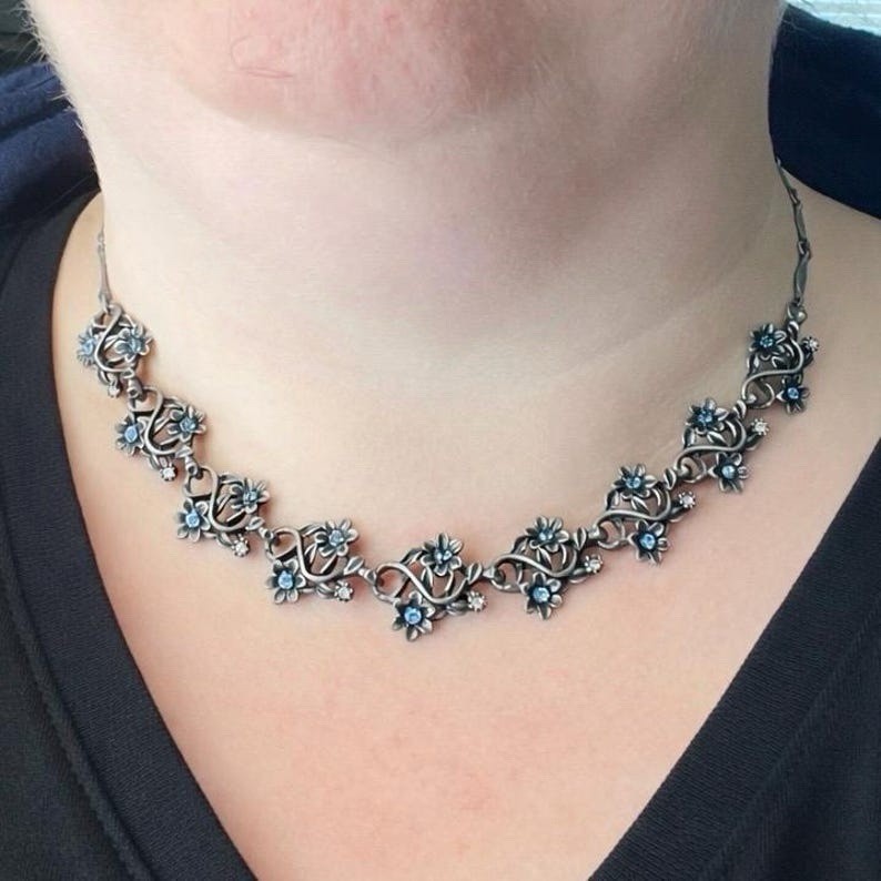 Whimsigoth Pewter Vine Floral Necklace Blue Rhinestone Fairycore Witchy Ren Fair