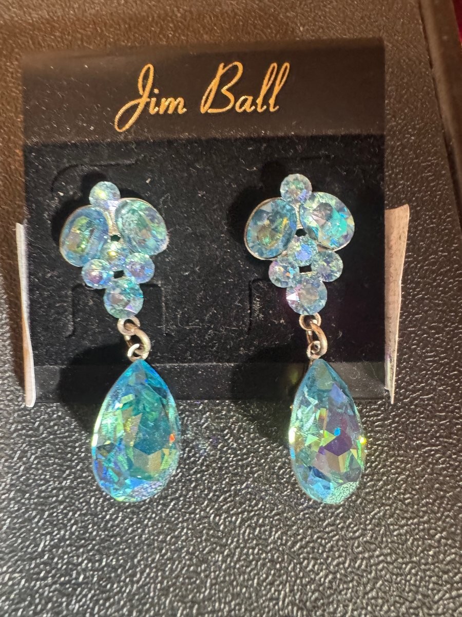 Jim Ball Icy Blue Pageant Gala Pierced Earrings NWT SALE 1 3/4 inches