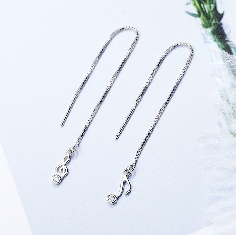 Silver Tiny Musical Note White Gold Long Chain Link Dangle Thread Earring
