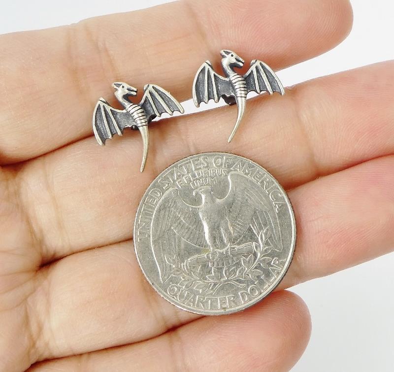 Handmade 925 Sterling Silver Small Open Wing Dragon Stud Earrings Unique Gothic