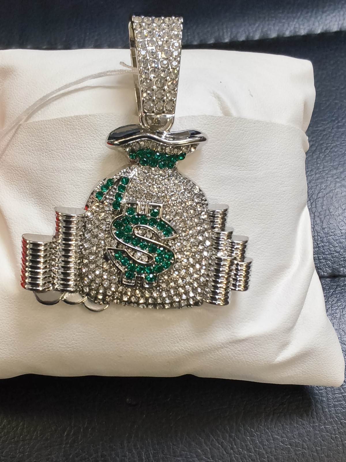 Silver Tone Iced Money Bag Pendant Green Dollar Sign Hip Hop Bling Rhinestone…