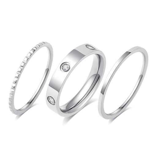 Elegant 3PCS Cubic Zirconia Stackable Love Rings for Women, 18k Gold 7# Silver