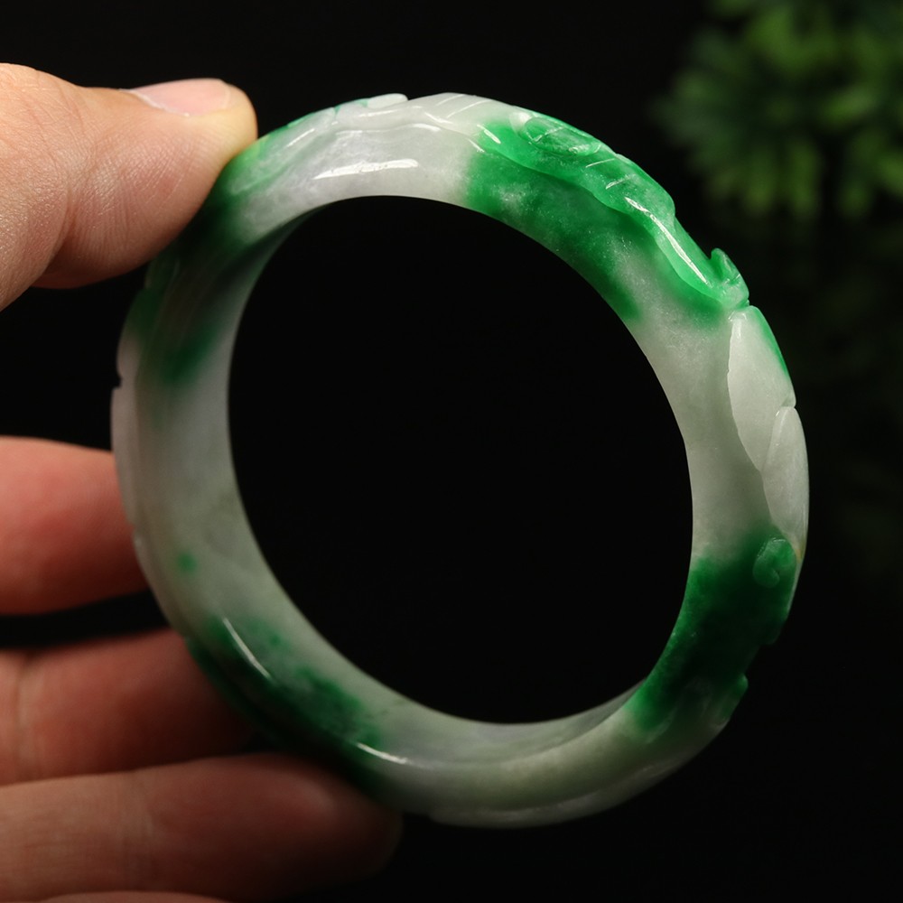 58mm White Emerald Green Jadeite Jade Bracelet Bangle Ruyi Rabbit Bat A-14597