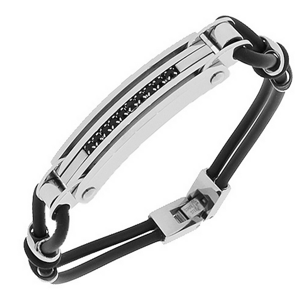 Stainless Steel Rubber White Clear CZ Stones Unisex Bracelet