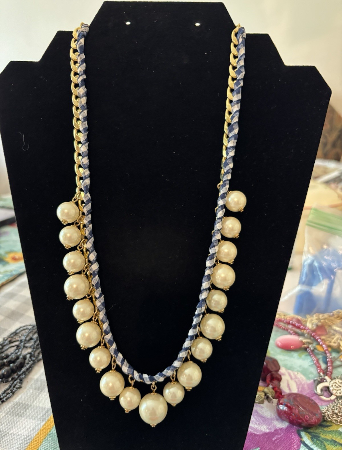 Kate Spade Gold-Tone Cable Chain Cream Imitation Pearl Blue Ribbon Necklace